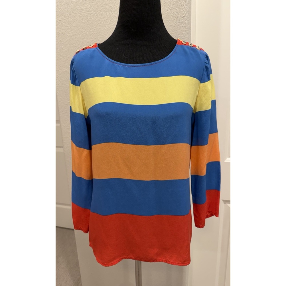 J. Crew Vibrant Striped 100% Silk Blouse w/nautical Buttons 8P Sailor-Inspired